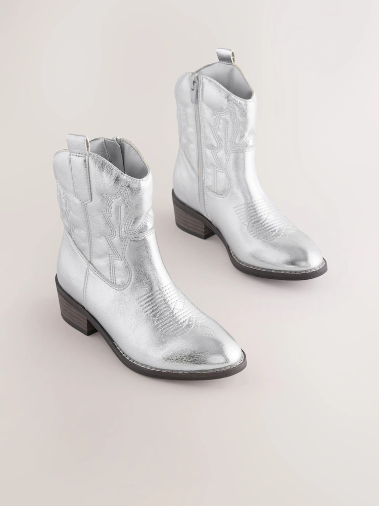 Silver Metallic Western Ankle Boots