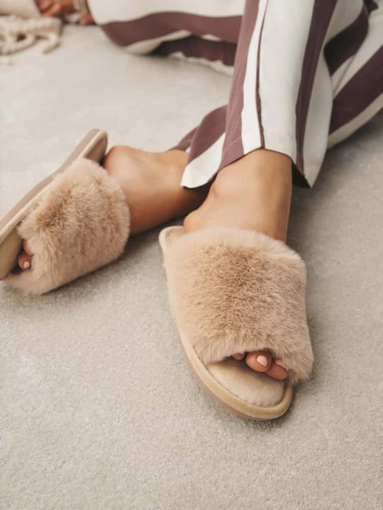 Yellow Faux Fur Slider Slippers