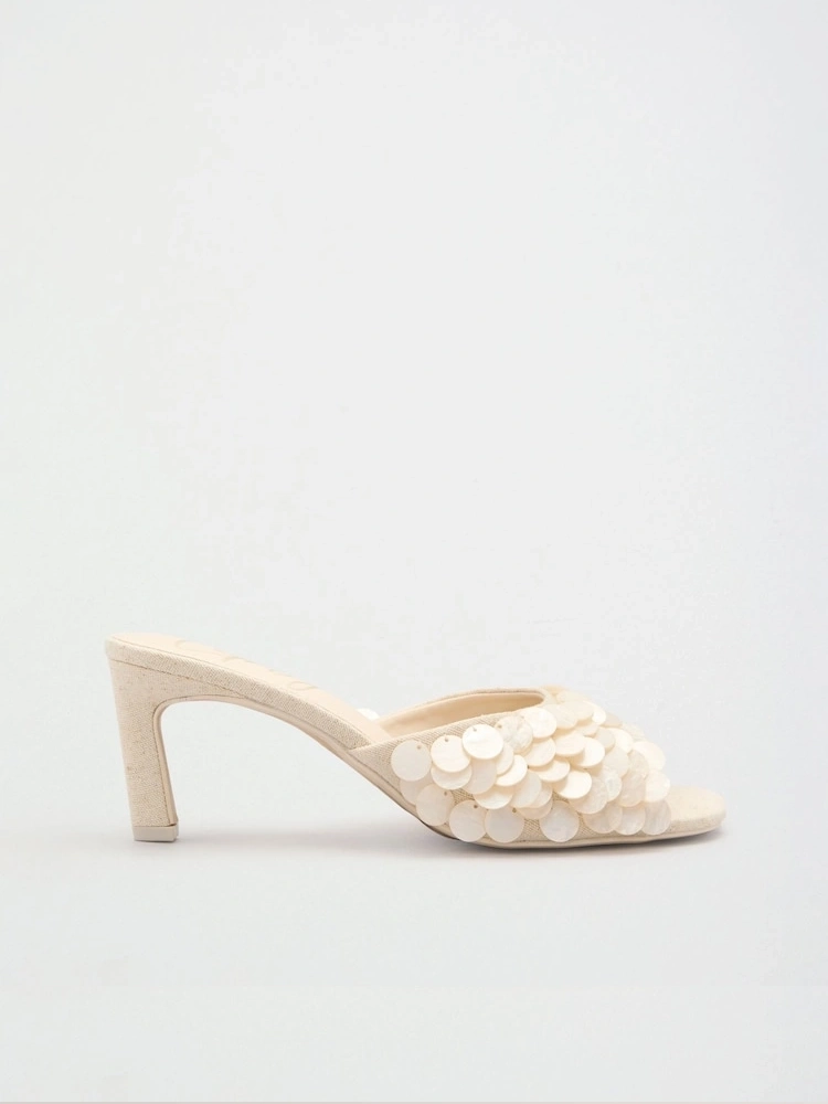 Natural Shell Embellished Mid Stiletto Mule Sandals