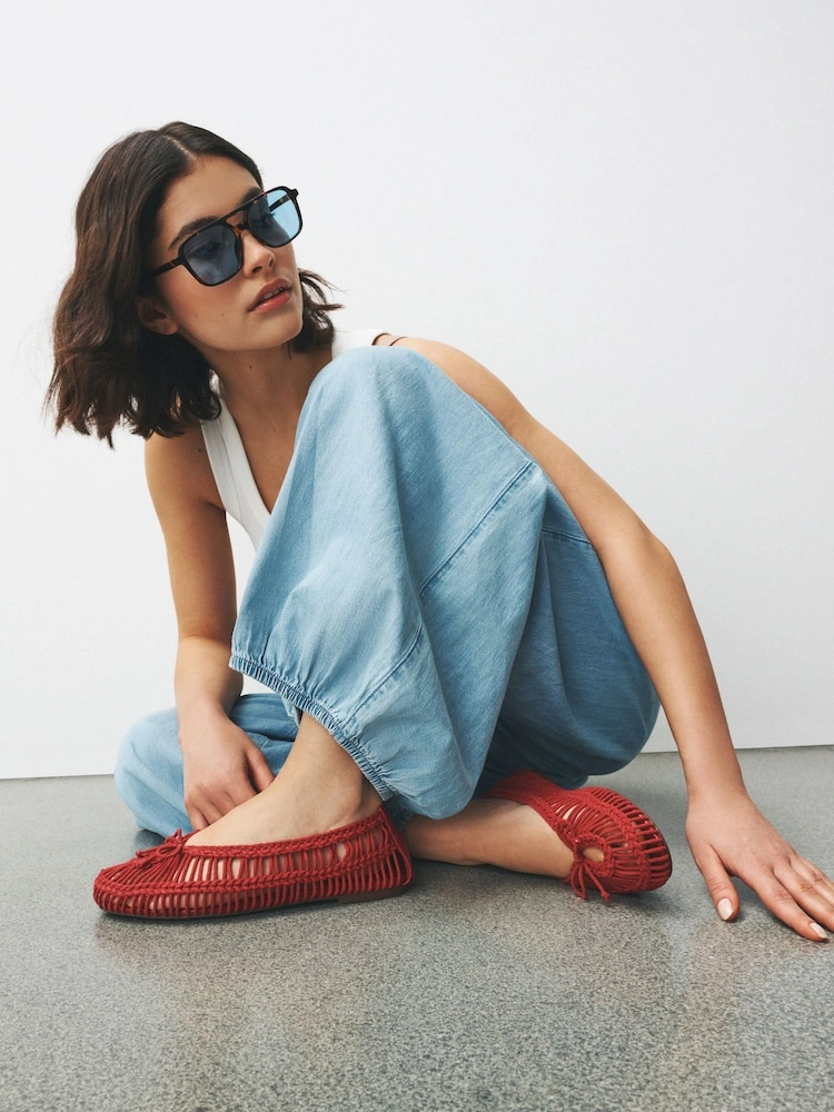 Red Rope Detail Round Toe Ballet Flats image 3