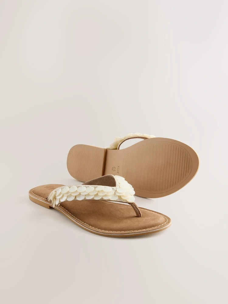 Bone & Cream Shell Detail Thong Sandals image 5