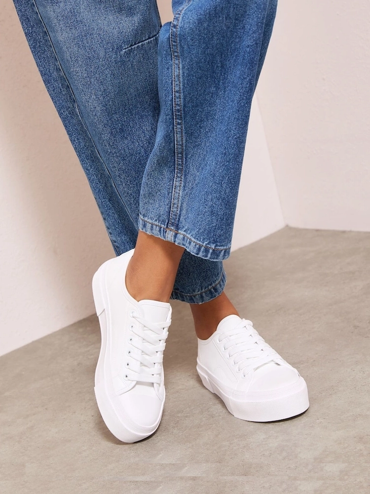 White Flatform Lace-Up Trainers