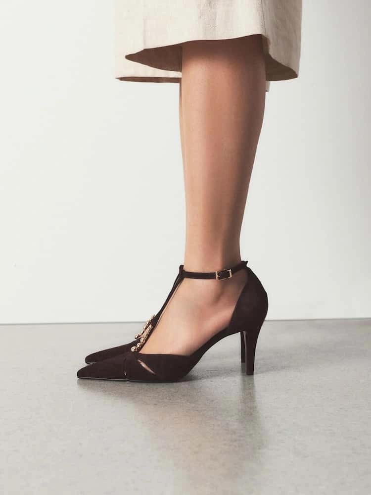 Tan Brown Suede T-Bar Embellished Heels image 5