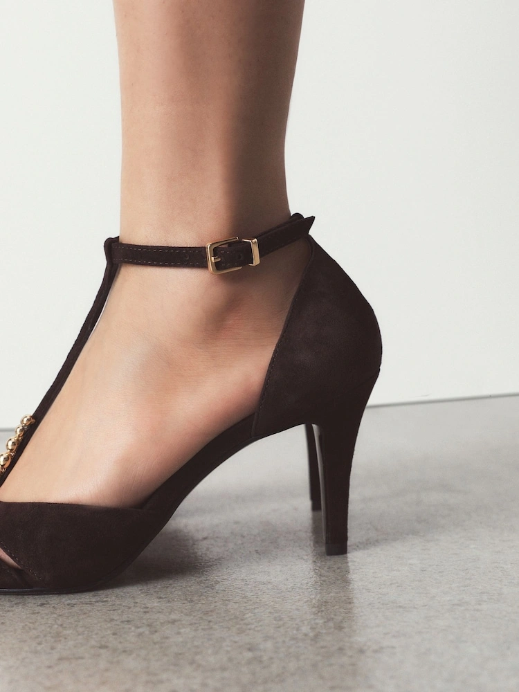 Tan Brown Suede T-Bar Embellished Heels image 2