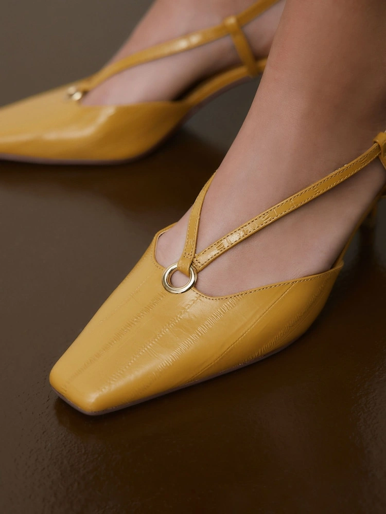 Ochre Yellow Leather Slingback Heels with Hardware Detail image 2