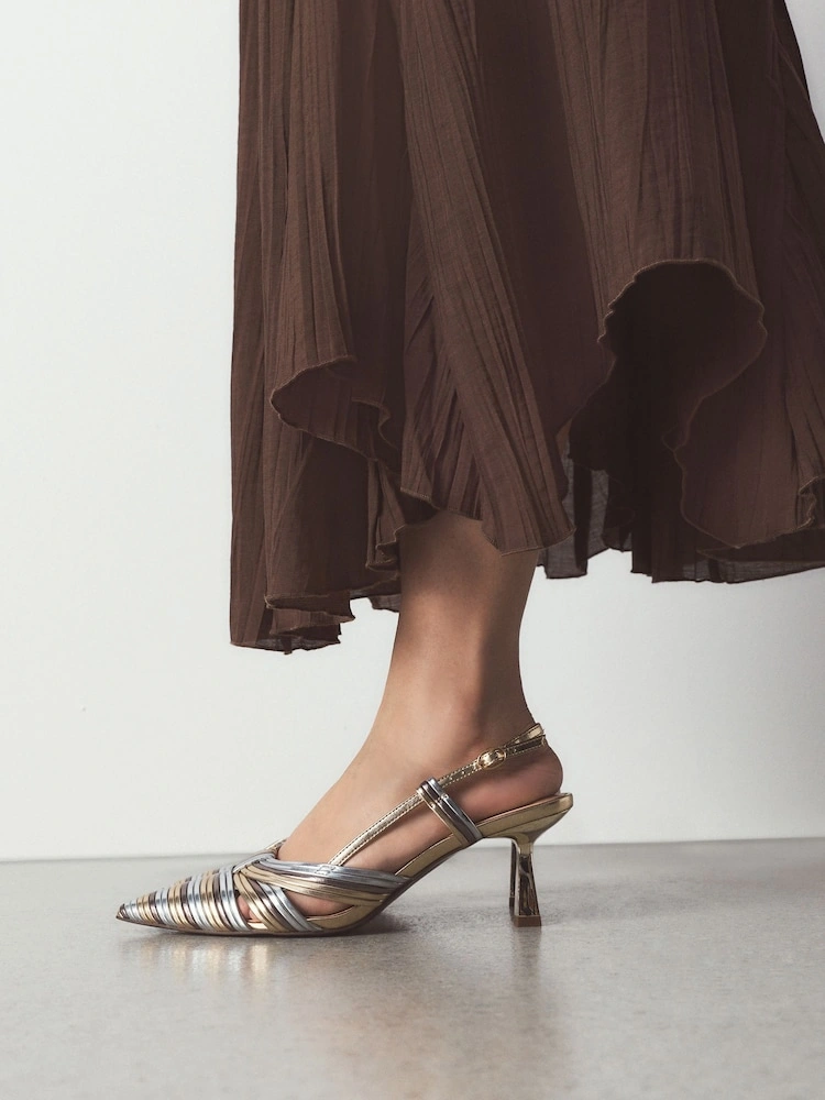 Metallic Textured Pointed Toe Slingback Heels image 6
